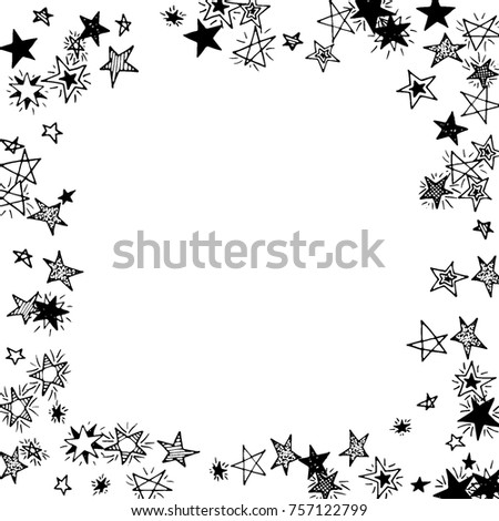 Frame of Stars. Black and White Starry Background. Doodle Pattern for Card, Banner, Poster. Childish Cute Border with Primitive Doodles