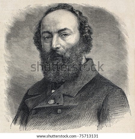 Old engraved portrait of Theodore Rousseau, French landscape painter of the Barbizon school. Created by Chenu, published on L'Illustration, Journal Universel, Paris, 1868