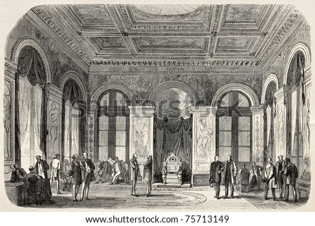Old illustration of the Throne hall in Palais Bourbon, the seat of French National Assembly. Created by Fichot and Cosson-Smeeton, published on L'Illustration, Journal Universel, Paris, 1868