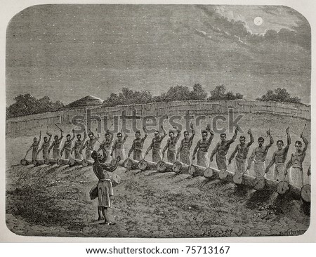 Old illustration of tribal drummers greeting new moon in Victoria lake region. Created by Bayard, Gauchard and Bruno, published on Le Tour du Monde, Paris, 1864