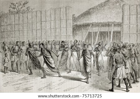 Old illustration of native Africans jailed women conducted to punishment. Created by Durand and Trichon, published on Le Tour du Monde, Paris, 1864