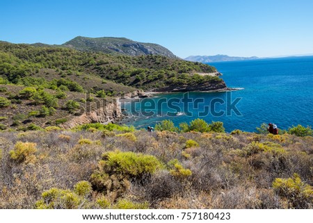 Beautiful Landscape of mountains and ocean (sea) Rocks and trees with green grass