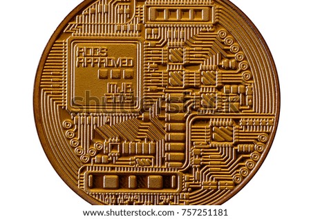 Bitcoin. Physical bit coin. Digital currency. Cryptocurrency mining concept. Golden coin with bitcoin symbols isolated on white background