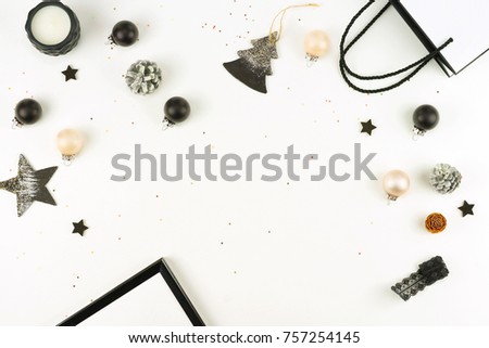 christmas background. creative abstract composition of xmas decorations, gifts, balls on white background. Top view. Flat lay. Copy space. Winter holiday concept