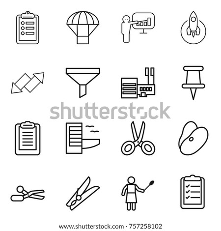 Thin line icon set : clipboard, parachute, presentation, rocket, up down arrow, funnel, mall, pin, hotel, scissors, beans, clothespin, woman with duster, list