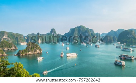 Beautiful Halong Bay landscape view from the Ti Top Island. Halong Bay is the UNESCO World Heritage Site, it is a beautiful natural wonder in northern Vietnam near the Chinese border. Royalty-Free Stock Photo #757282642