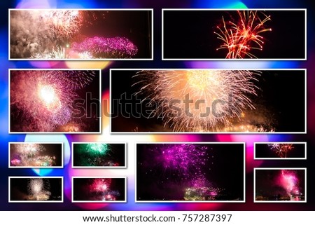 New year eve pictures collage of various colors bursting fireworks at midnight for the new year in Sydney bay, Australia. Background with bokeh defocused lights.