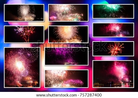 New year eve pictures collage of various colors bursting fireworks at midnight for the new year in Sydney bay, Australia. Background with bokeh defocused lights.