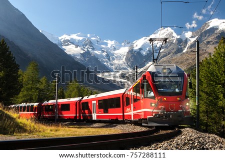 switzerland  train in front of glacier Morteratsch Bernina Royalty-Free Stock Photo #757288111