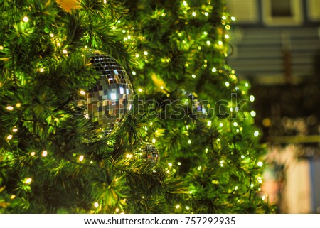 Christmas ball on green tree branch