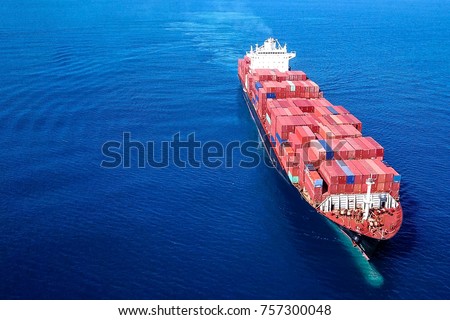 Large container ship at sea - Aerial image Royalty-Free Stock Photo #757300048