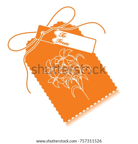 Gift tag with branch of lilies and ribbon. Sale and shopping concept. Design for postcard, banner, poster or print.