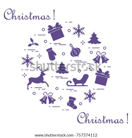 New Year and Christmas symbols arranged in a circle. Winter elements. Design for postcard, banner and print.