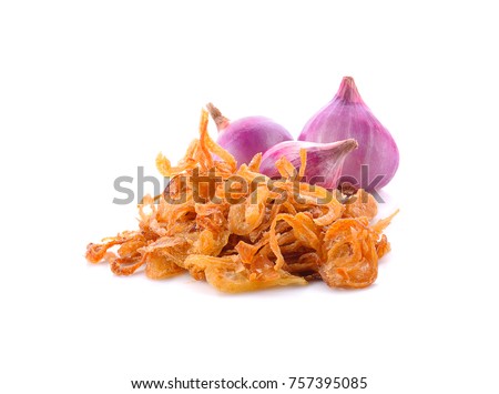 Fried onions and onions on a white background. Royalty-Free Stock Photo #757395085