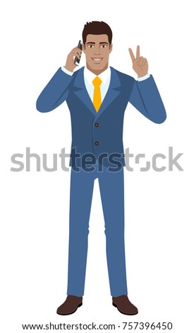 Victory! Two fingers up. Businessman talking on the mobile phone and showing victory sign. Full length portrait of Black Business Man in a flat style. Vector illustration.