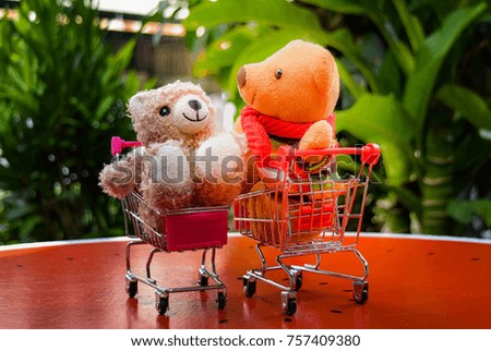 Two bear dolls in two little cart with the sunlight background ,look cute.