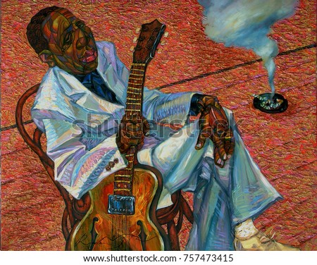  Muddy Waters, famous musicians, celebrities of jazz,oil painting, artist Roman Nogin, series "Sounds of Jazz." looking for partnerships with artdillers - contact facebook Royalty-Free Stock Photo #757473415