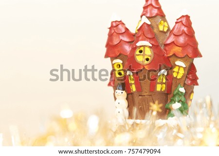 Christmas decorations with castle and snowman on white background, Xmas theme, space for a text           