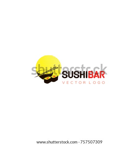 Isolated Minimalistic Object, Vector Icon Style Illustration Logo of Asian Street Fast Food Bar or Shop, Sushi, Maki, Onigiri Salmon Roll with Chopsticks.