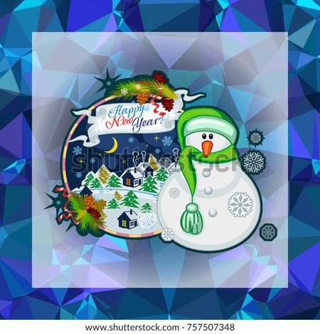 Holiday square christmas card with funny snowman and snowing landscape on a colorful mosaic background. Can be used as a greeting ecard for instagram and other social networks. Vector clip art.