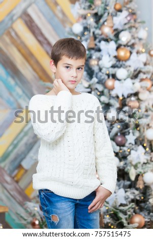 Christmas concept, male fashion. Handsome young boy in elegant pullover posing in luxurious apartments decorated for Christmas. Hairstyle.