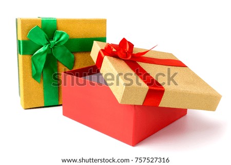 Two gift boxes with bows on white background, isolated.