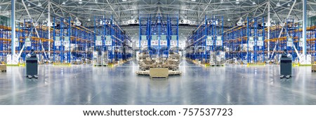 Typical storage, warehouse interior. Selective focus. Toned collage. Background. Copy space. Royalty-Free Stock Photo #757537723
