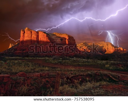 An HDR composition of a lightning storm approaching Courthouse Butte near Sedona Arizona. Composed from 2 lightning photos merged with a single landscape photo taken just before sundown.