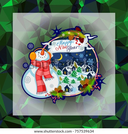 Holiday square christmas card with funny snowman and snowing landscape on a colorful mosaic background. Can be used as a greeting ecard for social networks. Vector clip art.