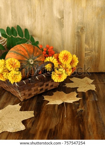 Pumpkin in a wicker basket with flowers, rowan and dry leaves. Autumn still life