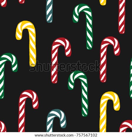 Vector seamless pattern with varicolored freehand drawn cartoon sugar candies on black background