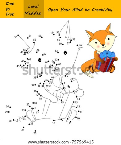 Fox in a Christmas time. Cute animal with  Xmas (or birthday) present. Dot to dot (Number game)  Education game for smart kids and children.