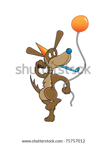 A cartoon dog dancing at a birthday party holding a balloon and wearing a party hat