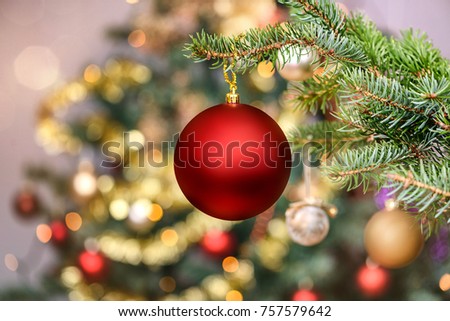 Christmas background - baubles and branch of spruce tree Royalty-Free Stock Photo #757579642