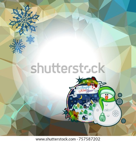 Holiday square christmas card with funny snowman and winter village landscape on a colorful mosaic background. Copy space. Can be used as a greeting ecard for social networks. Vector clip art.