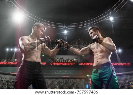 two mma fighters standing in fighting stance ready to fight in mma cage close-up