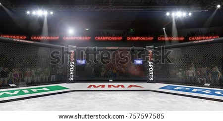 mma fighting stage side view under lights 3d rendering Royalty-Free Stock Photo #757597585
