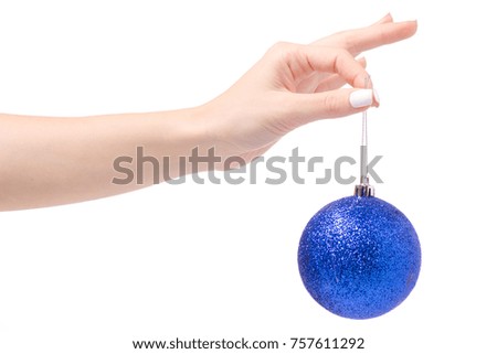 Christmas decoration blue Christmas tree toy in hand on white background isolation