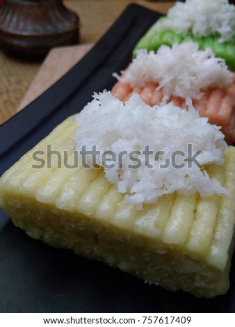 Getuk, Indonesia Traditional Snack Food, made from Steamed Cassava and grated coconut for Topping
