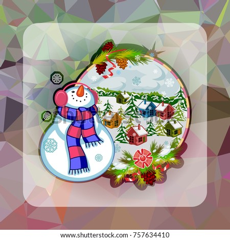Holiday square christmas card with funny snowman and winter village landscape on a colorful mosaic background. Greeting card. Vector clip art.