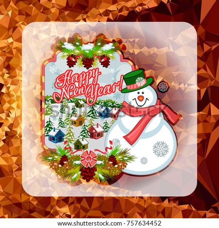Holiday square christmas card with funny snowman and winter village landscape on a colorful mosaic background. Greeting card. Vector clip art.