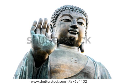 Bronze big buddha statue in Hong Kong on white isolated background