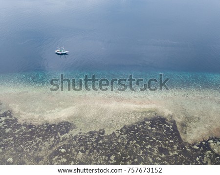 A Pinisi schooner drifts close by the edge of a fringing coral reef surrounding Pulau Koon in the Banda Sea, Indonesia. This tropical region is known for its extraordinary marine biodiversity.