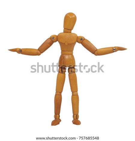 Wooden figure pose open arm explain (front view)  white background isolated object with saved clipping path