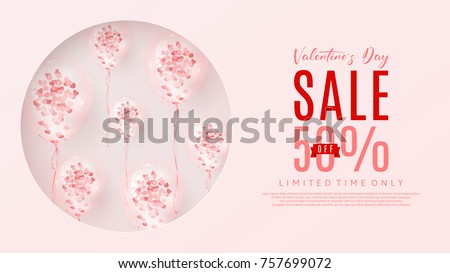 Web Banner for Valentine's Day Sale. Vector Illustration with Seasonal Offer. Beautiful Background with Realistic Transparent Pink Air Balloons with Confetti.