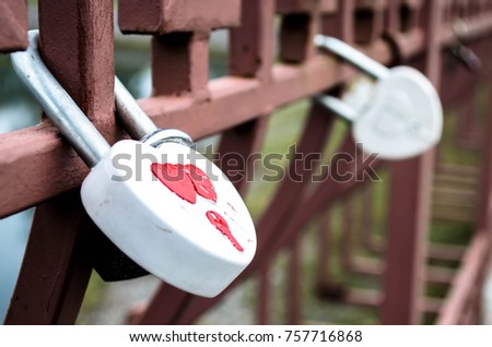 Heart shaped padlock. Locks of lovers on the bridge. Wedding Locks on bridge. Love padlocks.