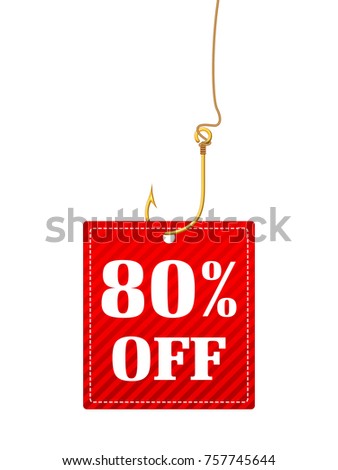 Discount tag on fishing hook. Vector illustration.