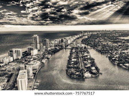 Miami Beach aerial view at dusk, Florida, USA.