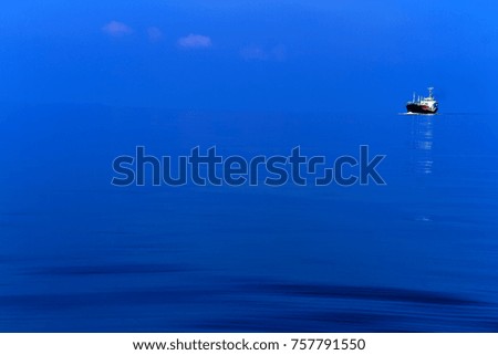 minimalist of cargo ship boat on the sea Minimal style with colorful of cloud and sky background