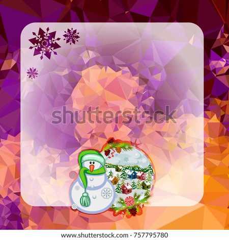 Holiday square christmas card with funny snowman and winter village landscape on a colorful mosaic background. Copy space. Can be used as a greeting ecard for social networks. Vector clip art.